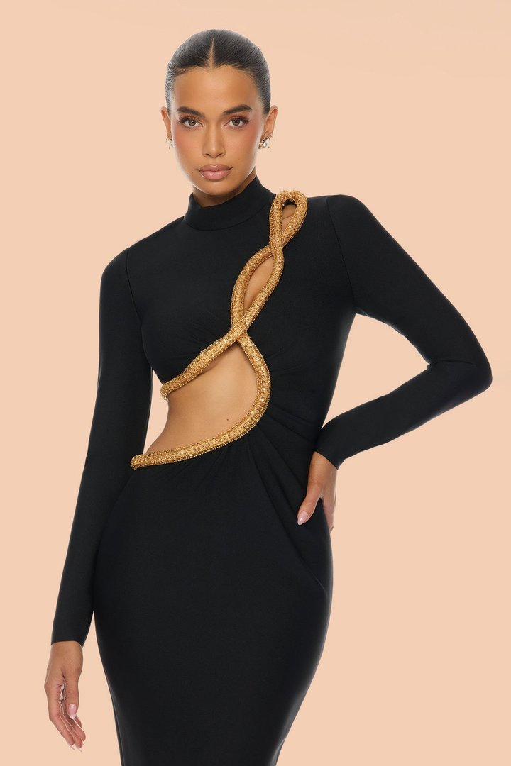 Draya Embellished Long Sleeve Bandage Maxi Dress - Black
