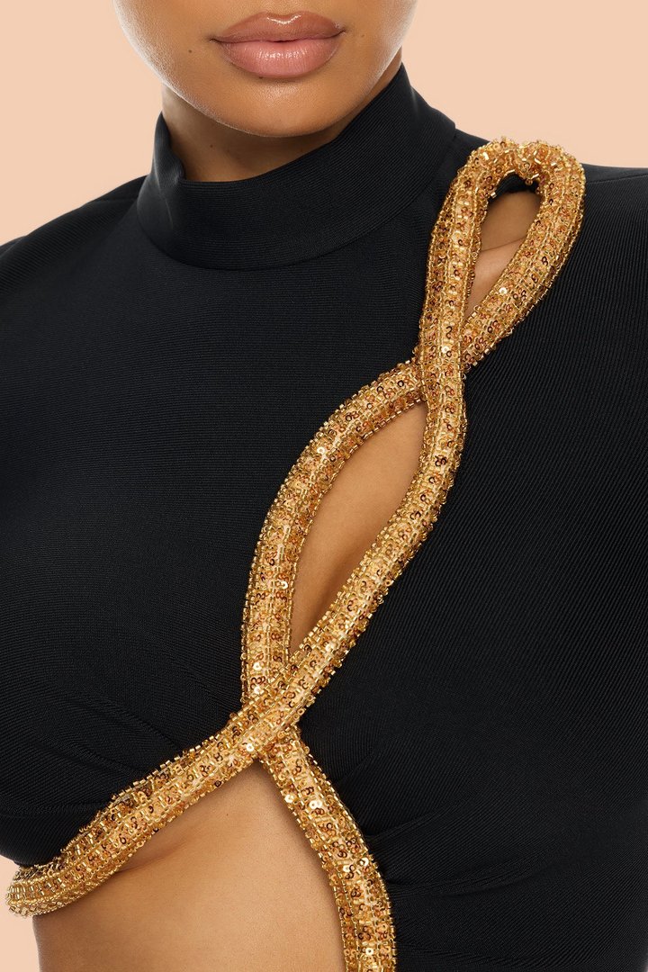 Draya Embellished Long Sleeve Bandage Maxi Dress - Black
