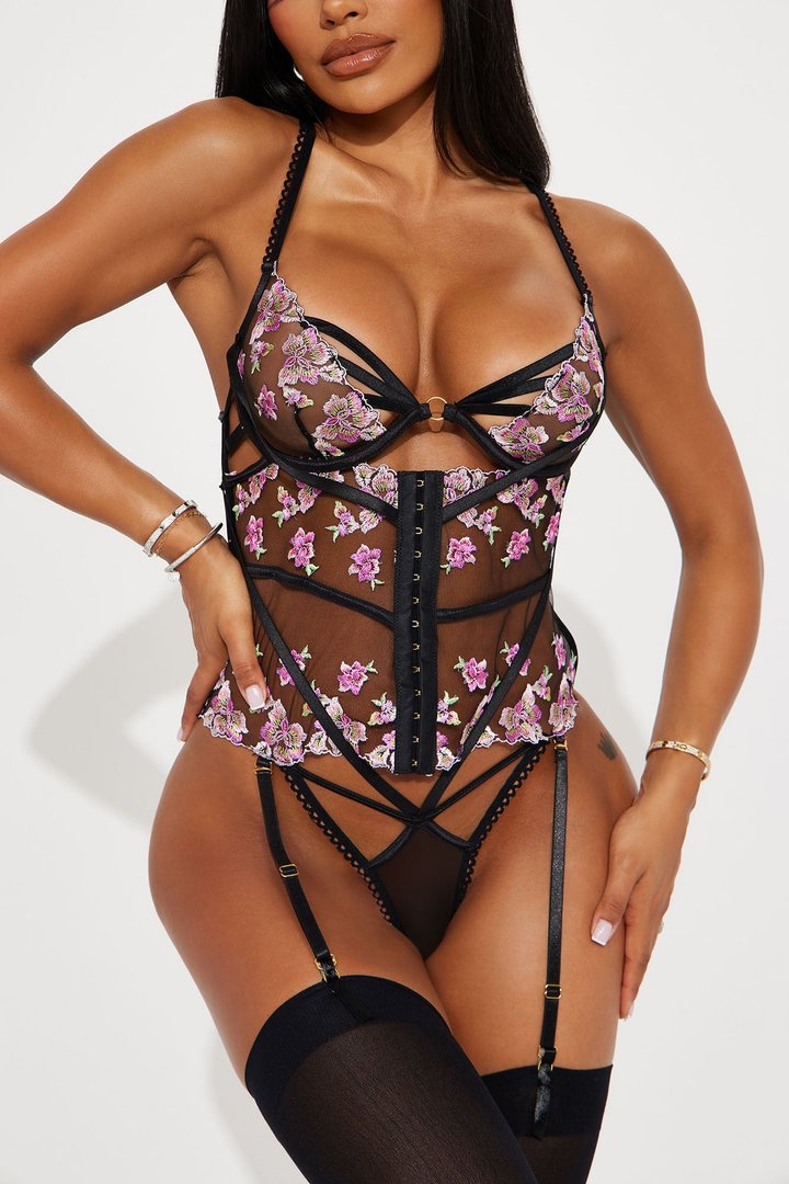 Flower Bed Lace Corset Teddy - Black/Pink
