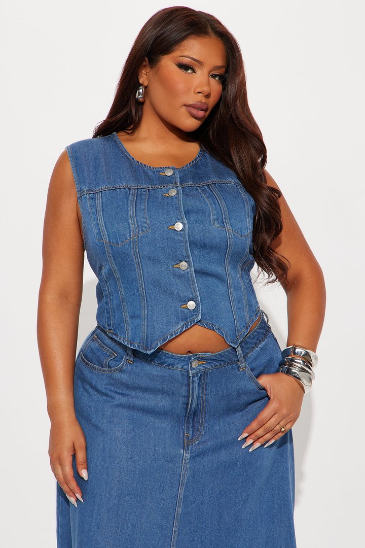 Street Chic Denim Maxi Skirt Set - Medium Wash