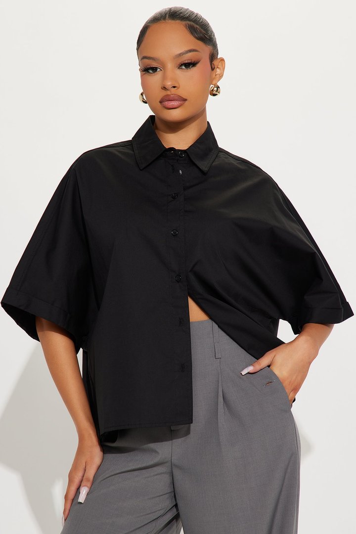 Sancie Oversized Poplin Button Up Shirt - Black