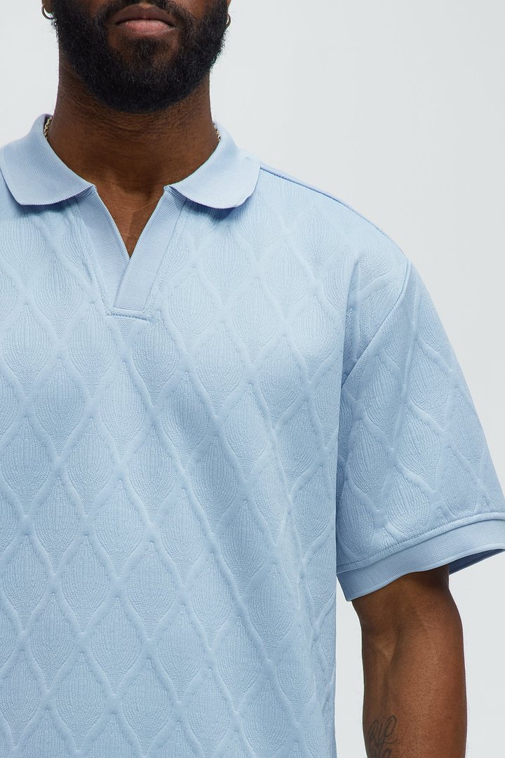 Diamond Textured Johnny Collar Polo - Dusty Blue