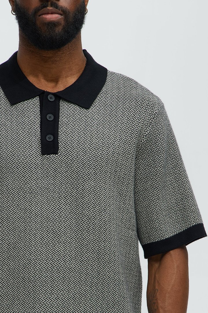 Harry Herringbone Button Down Sweater Polo - Black/combo