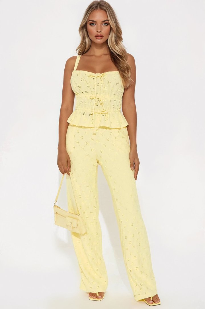 Sasha Knit Eyelet Wide Leg Pant Set - Yellow