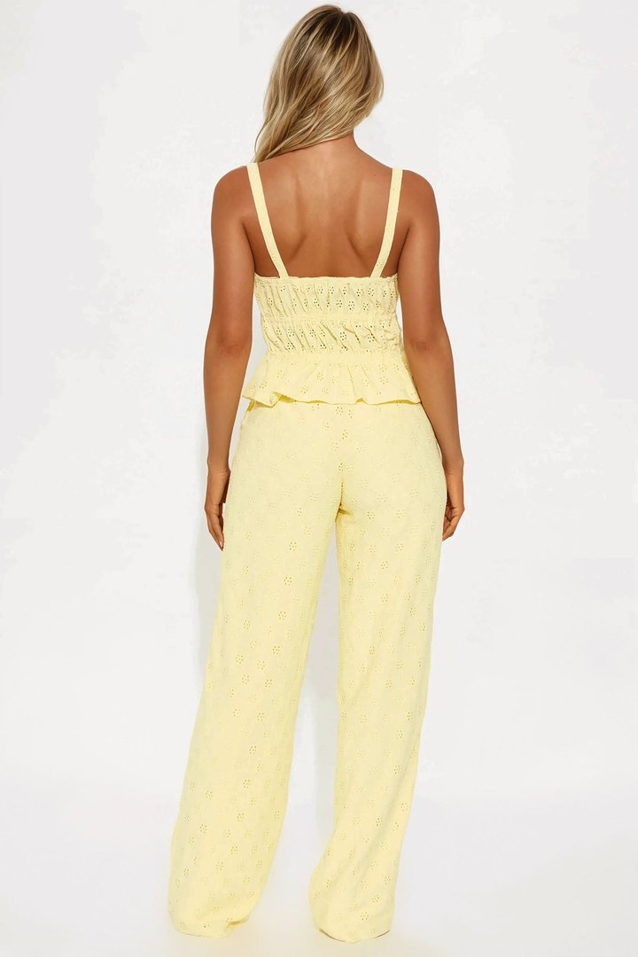 Sasha Knit Eyelet Wide Leg Pant Set - Yellow