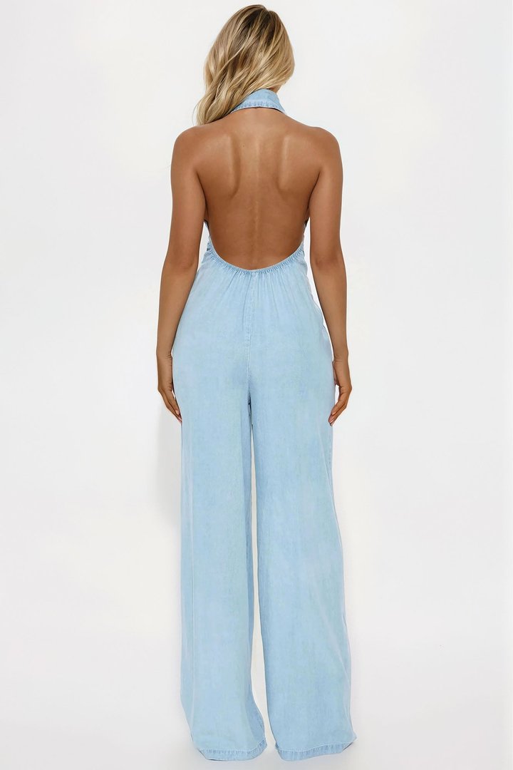 Cherie Chambray Halter Jumpsuit - Light Wash