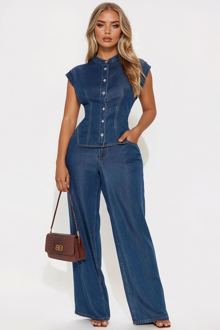 Olivia Wide Leg Pant Set - Denim