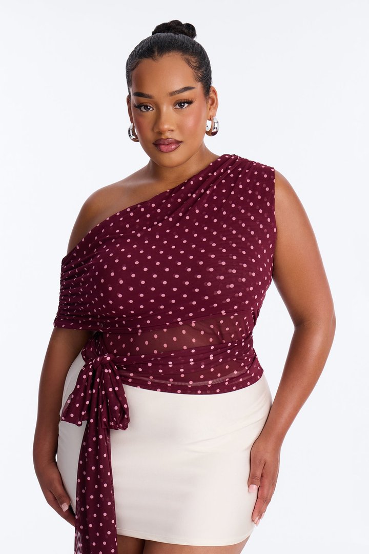 Kylie Polka Dot Off Shoulder Mesh Top - Burgundy/combo