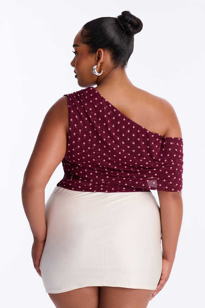 Kylie Polka Dot Off Shoulder Mesh Top - Burgundy/combo