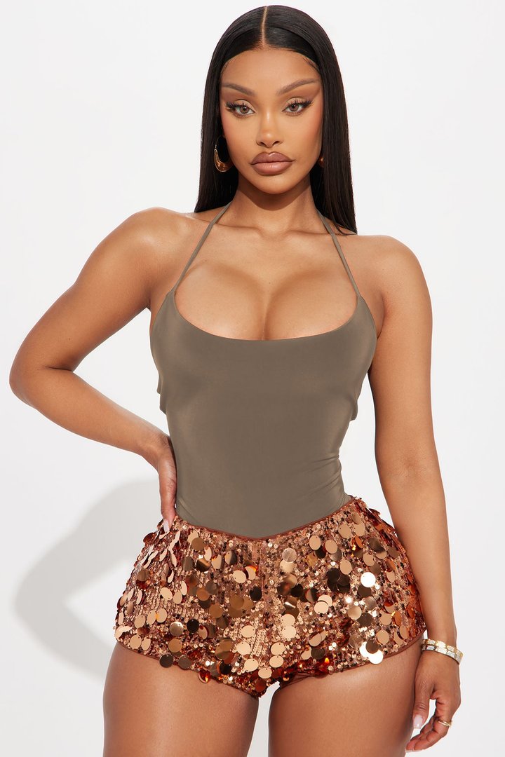 Hotspot Double Lined Backless Halter Bodysuit - Mocha