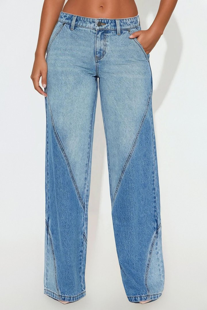 Oui Oui Two Tone Wide Leg Jeans - Light Blue Wash