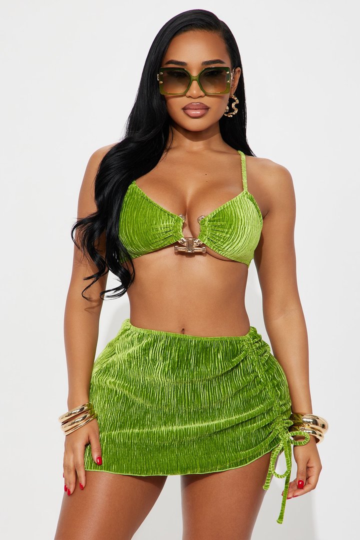 Farrah Hardware Velvet 3 Piece Bikini Ruched Skirt Set - Green