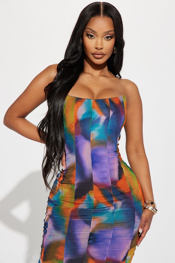 On Point Mesh Corset Midi Dress - Orange/combo