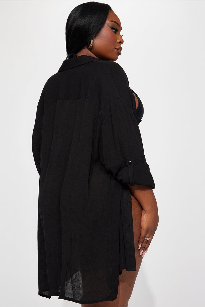 Breezy Nights Linen Pocket Cover Up Shirt - Black