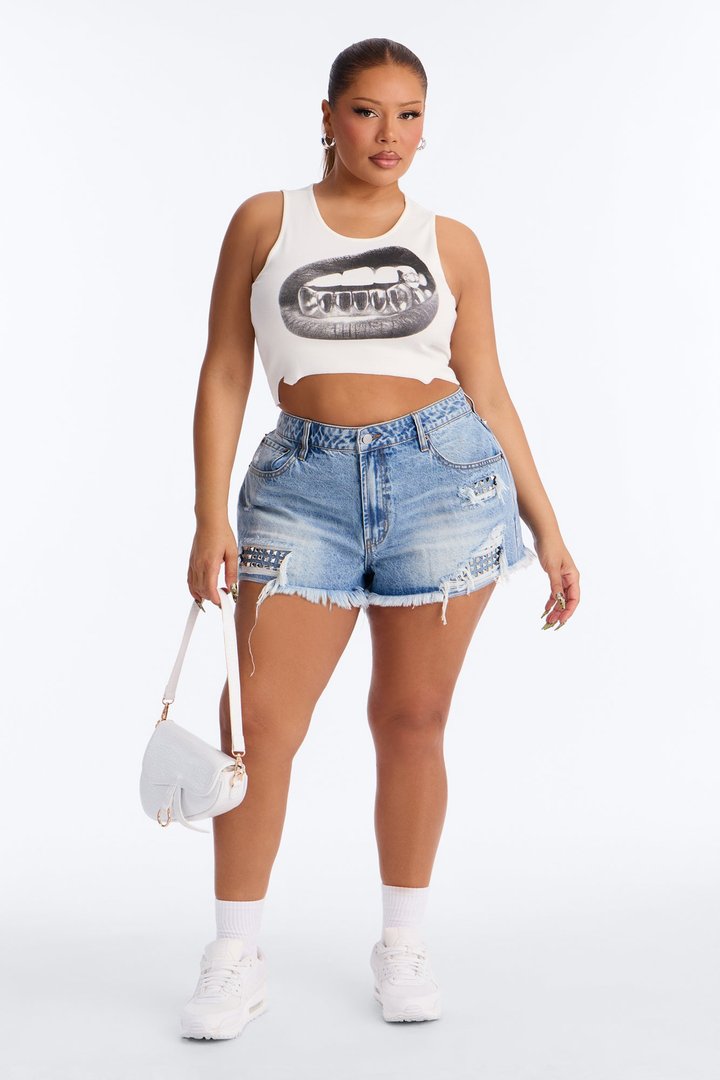 Hot Intention Lips Distressed Tank - White