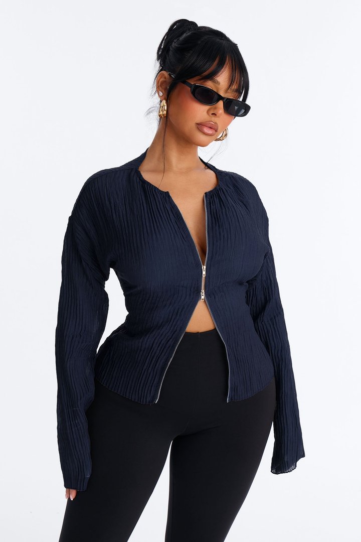 Kasey Front Zip Plisse Top - Navy