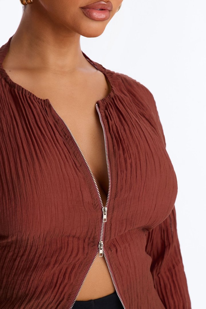 Kasey Front Zip Plisse Top - Mauve