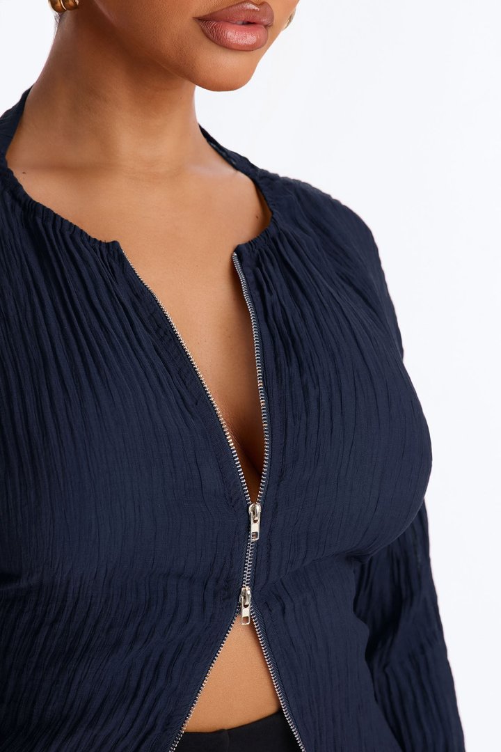 Kasey Front Zip Plisse Top - Navy