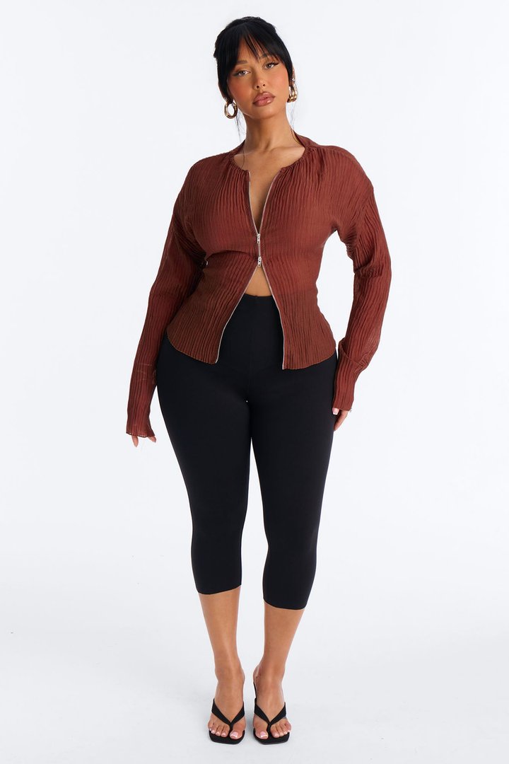 Kasey Front Zip Plisse Top - Mauve