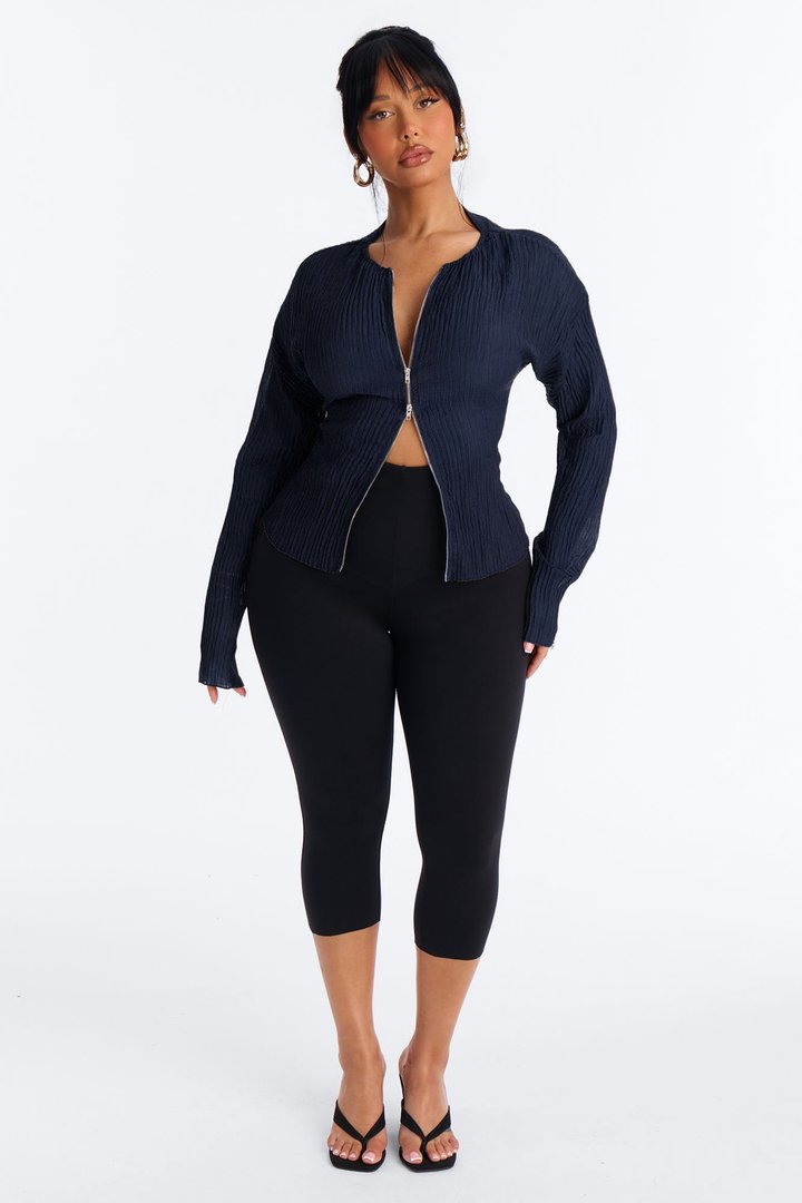 Kasey Front Zip Plisse Top - Navy