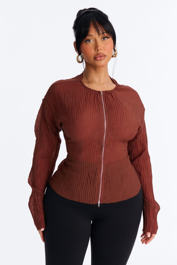 Kasey Front Zip Plisse Top - Mauve