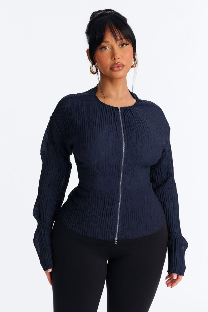 Kasey Front Zip Plisse Top - Navy