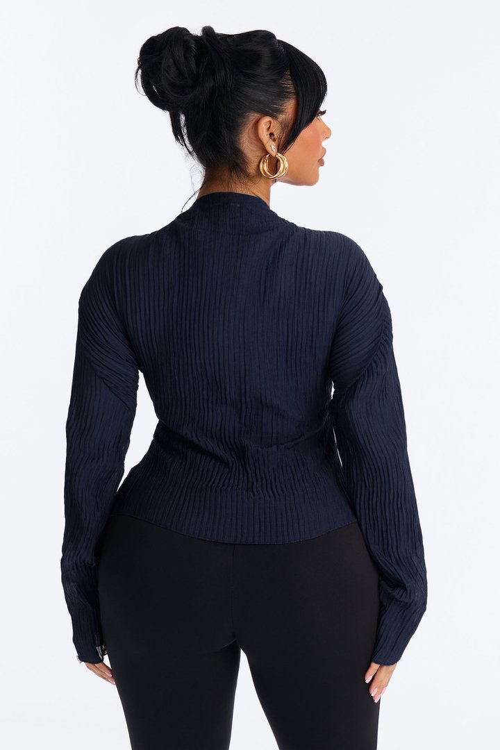 Kasey Front Zip Plisse Top - Navy