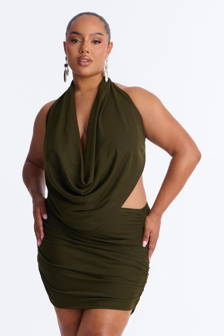 Shayna Cowl Halter Mesh Mini Skirt Set - Dark Olive