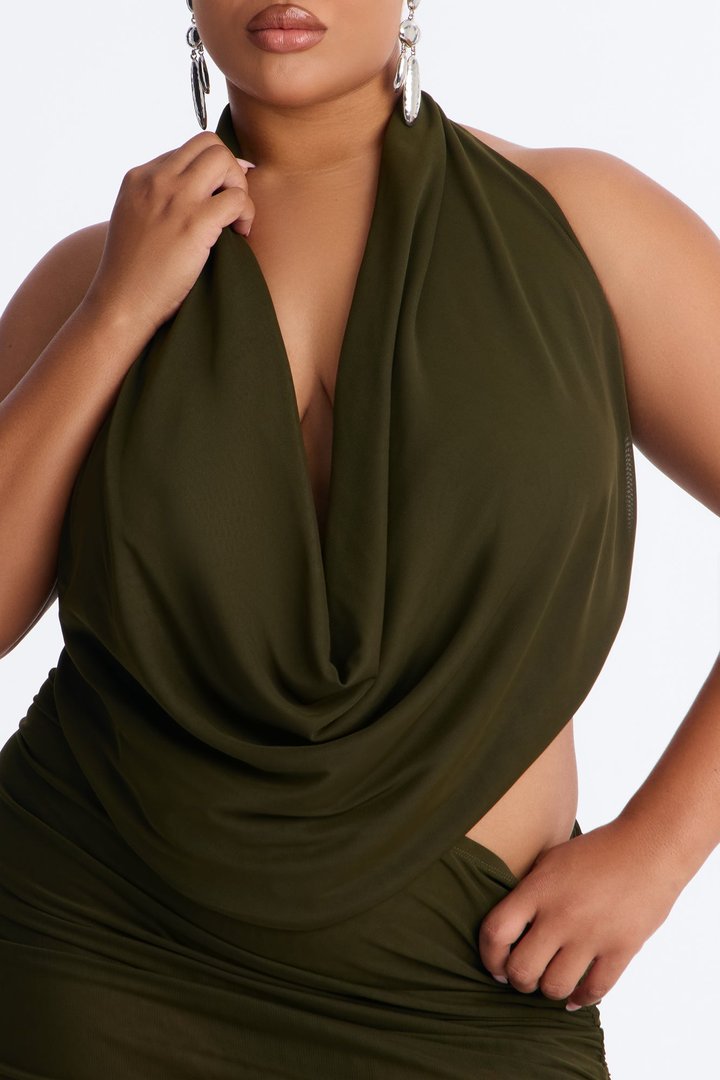 Shayna Cowl Halter Mesh Mini Skirt Set - Dark Olive