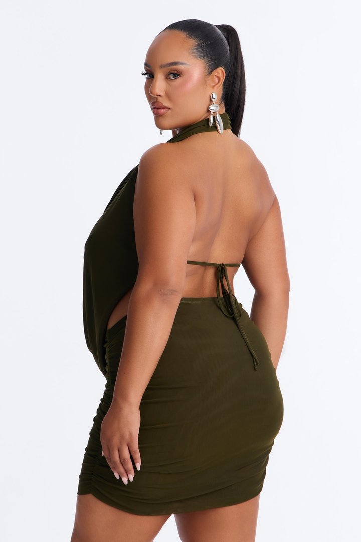 Shayna Cowl Halter Mesh Mini Skirt Set - Dark Olive