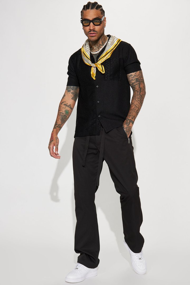 Half Crochet Pattern Short Sleeve Button Up Shirt - Black
