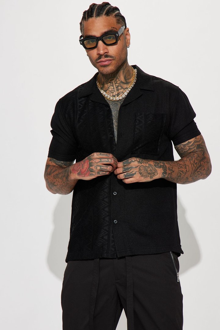 Half Crochet Pattern Short Sleeve Button Up Shirt - Black