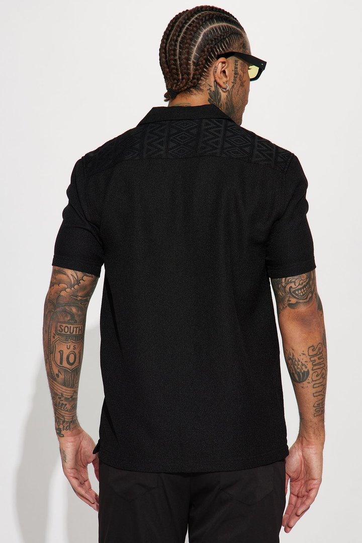 Half Crochet Pattern Short Sleeve Button Up Shirt - Black