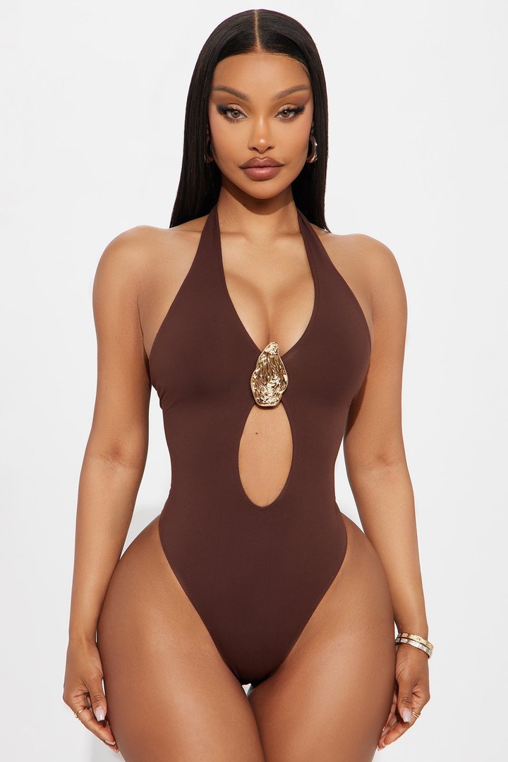 So Shucking Cute Double Lined Halter Bodysuit - Chocolate