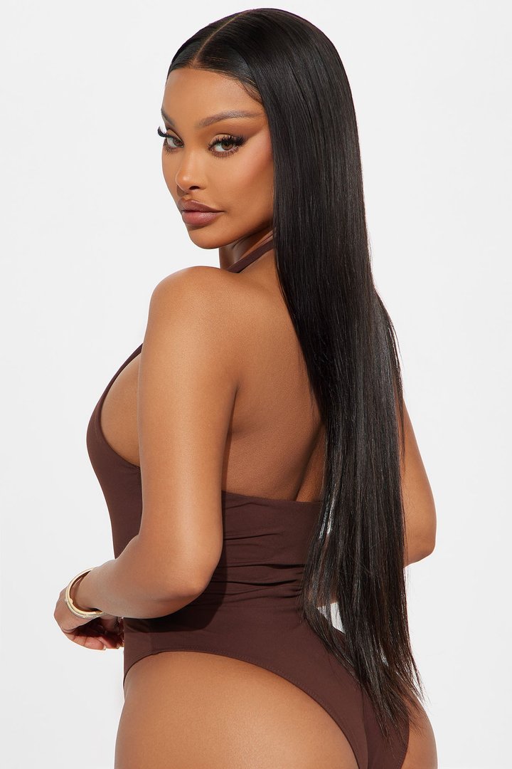 So Shucking Cute Double Lined Halter Bodysuit - Chocolate