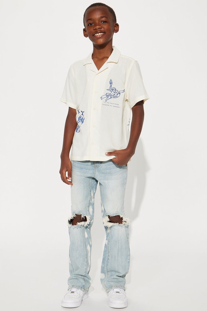 Mini Apex Splotter Ripped Stacked Skinny Flare Jeans - Light Blue Wash