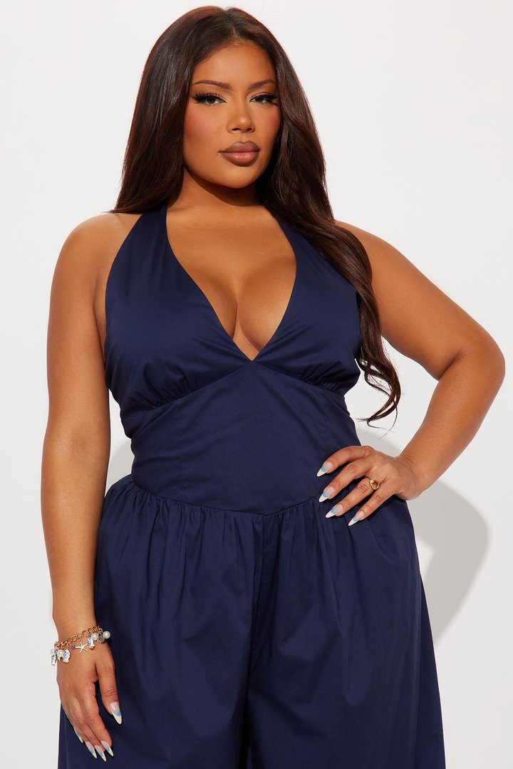 Lighter Than Air Poplin Halter Jumpsuit - Navy