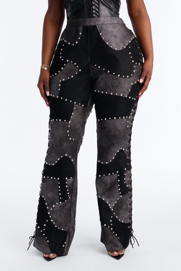 Night Claw Faux Leather Patchwork Flare Pants - Black/Smoke