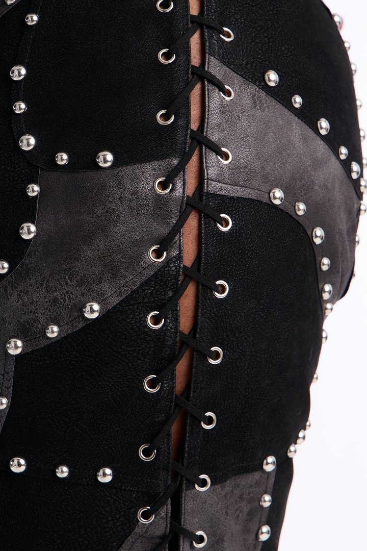 Night Claw Faux Leather Patchwork Flare Pants - Black/Smoke