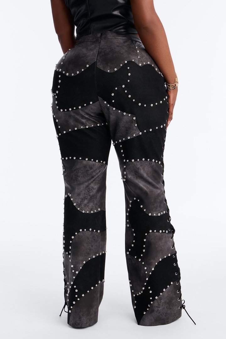Night Claw Faux Leather Patchwork Flare Pants - Black/Smoke