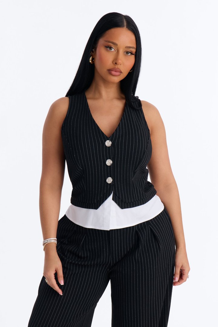 Prime Time Pinstripe Barrel Pant Set - Black