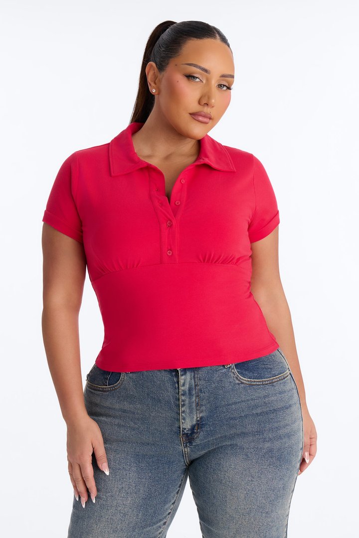 Parker Cinched Waist Short Sleeve Collared Top - Red