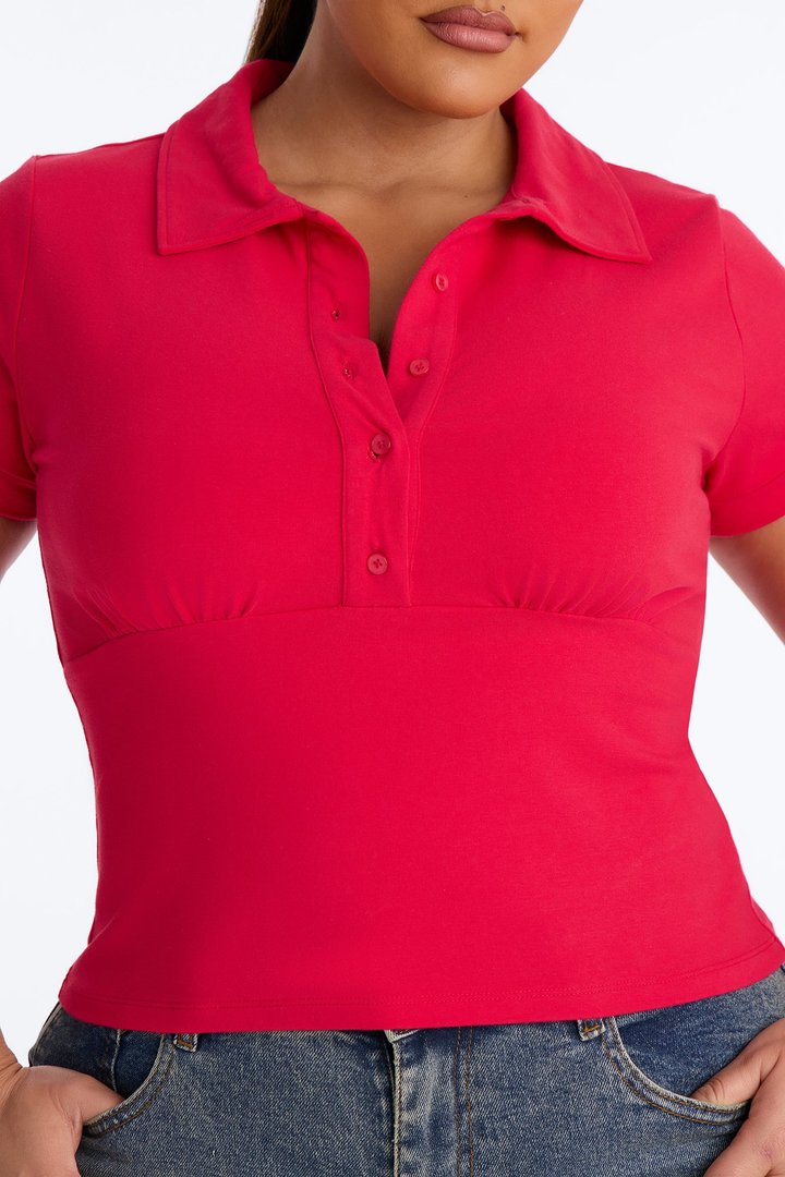 Parker Cinched Waist Short Sleeve Collared Top - Red