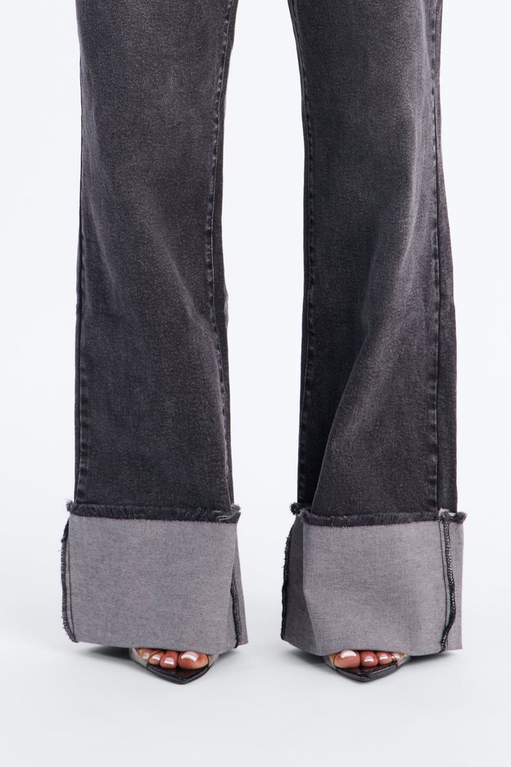 All The While Cuffed Wide Leg Jeans - Black Wash