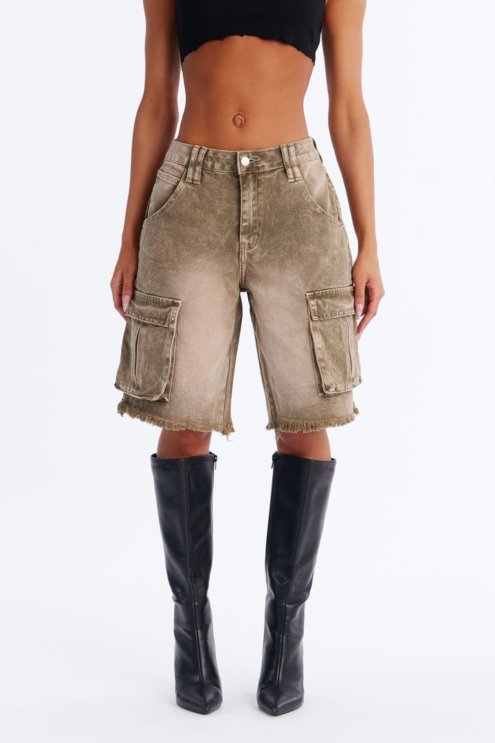Live And Learn Cargo Denim Jorts - Olive
