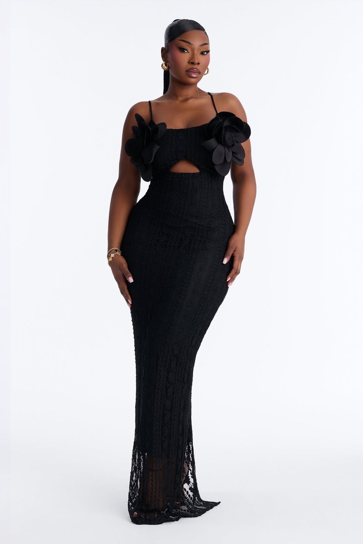 Elena Floral Applique Maxi Dress - Black