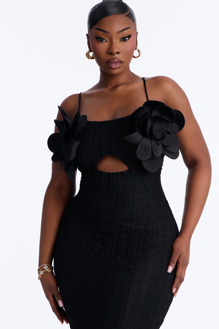 Elena Floral Applique Maxi Dress - Black