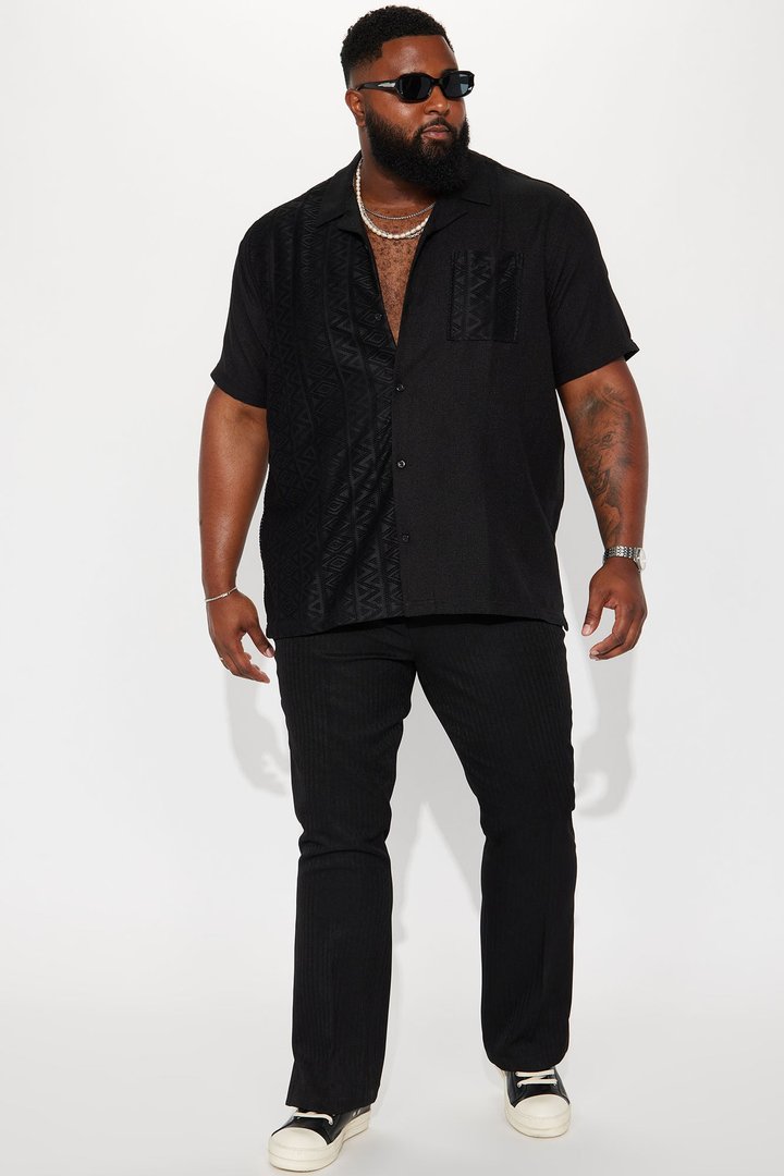 Half Crochet Pattern Short Sleeve Button Up Shirt - Black