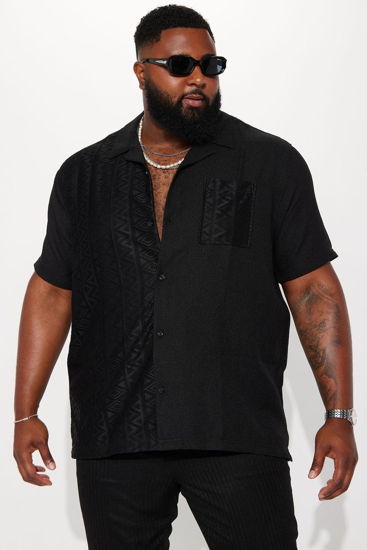 Half Crochet Pattern Short Sleeve Button Up Shirt - Black