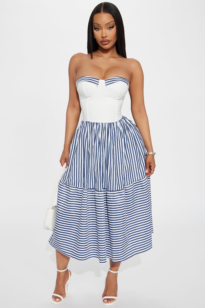 Stay A While Pinstripe Midi Dress - Navy/combo